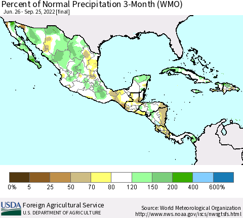 Mexico Central America and the Caribbean Percent of Normal Precipitation 3-Month (WMO) Thematic Map For 6/26/2022 - 9/25/2022