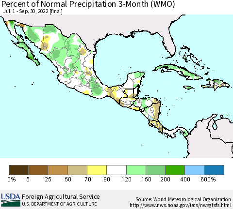 Mexico Central America and the Caribbean Percent of Normal Precipitation 3-Month (WMO) Thematic Map For 7/1/2022 - 9/30/2022