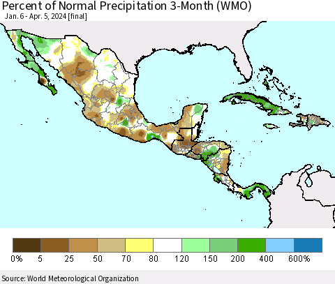 Mexico Central America and the Caribbean Percent of Normal Precipitation 3-Month (WMO) Thematic Map For 1/6/2024 - 4/5/2024
