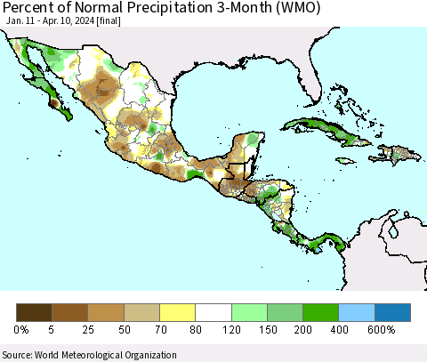 Mexico Central America and the Caribbean Percent of Normal Precipitation 3-Month (WMO) Thematic Map For 1/11/2024 - 4/10/2024
