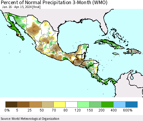 Mexico Central America and the Caribbean Percent of Normal Precipitation 3-Month (WMO) Thematic Map For 1/16/2024 - 4/15/2024