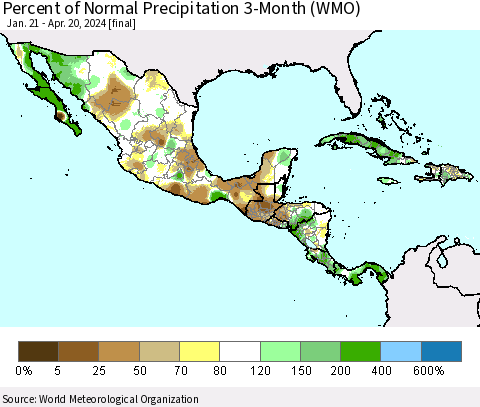 Mexico Central America and the Caribbean Percent of Normal Precipitation 3-Month (WMO) Thematic Map For 1/21/2024 - 4/20/2024