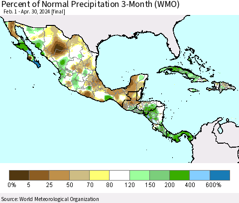 Mexico Central America and the Caribbean Percent of Normal Precipitation 3-Month (WMO) Thematic Map For 2/1/2024 - 4/30/2024