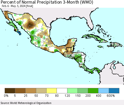 Mexico Central America and the Caribbean Percent of Normal Precipitation 3-Month (WMO) Thematic Map For 2/6/2024 - 5/5/2024