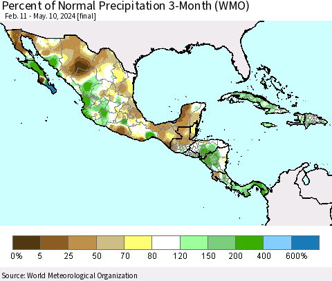 Mexico Central America and the Caribbean Percent of Normal Precipitation 3-Month (WMO) Thematic Map For 2/11/2024 - 5/10/2024