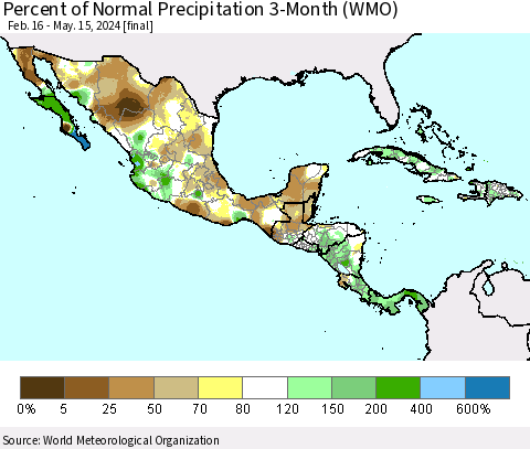 Mexico Central America and the Caribbean Percent of Normal Precipitation 3-Month (WMO) Thematic Map For 2/16/2024 - 5/15/2024