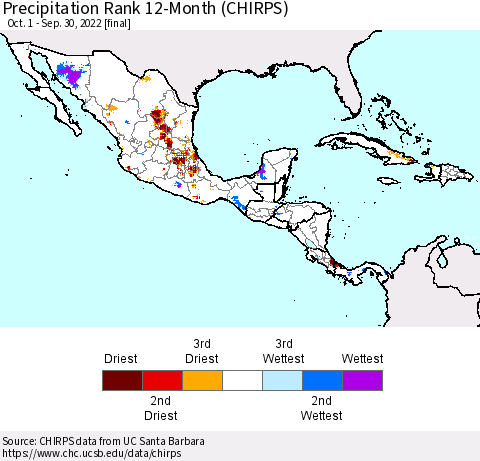 Mexico Central America and the Caribbean Precipitation Rank since 1981, 12-Month (CHIRPS) Thematic Map For 10/1/2021 - 9/30/2022
