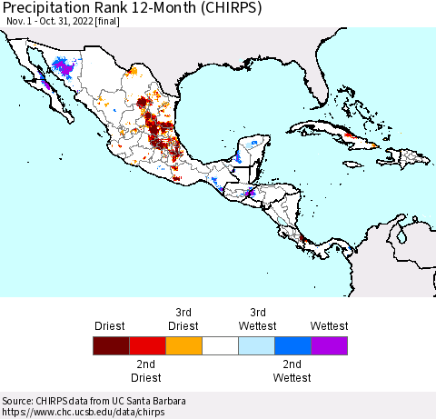 Mexico Central America and the Caribbean Precipitation Rank since 1981, 12-Month (CHIRPS) Thematic Map For 11/1/2021 - 10/31/2022