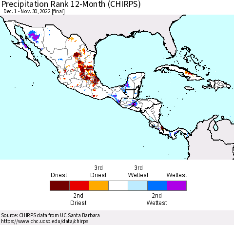 Mexico Central America and the Caribbean Precipitation Rank since 1981, 12-Month (CHIRPS) Thematic Map For 12/1/2021 - 11/30/2022