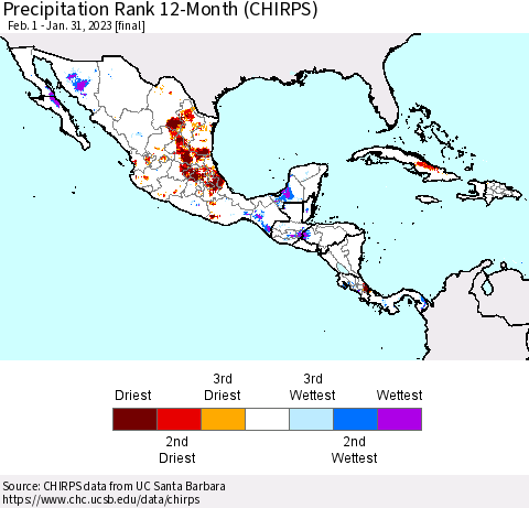 Mexico Central America and the Caribbean Precipitation Rank since 1981, 12-Month (CHIRPS) Thematic Map For 2/1/2022 - 1/31/2023
