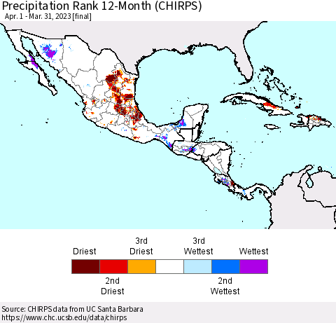 Mexico Central America and the Caribbean Precipitation Rank since 1981, 12-Month (CHIRPS) Thematic Map For 4/1/2022 - 3/31/2023