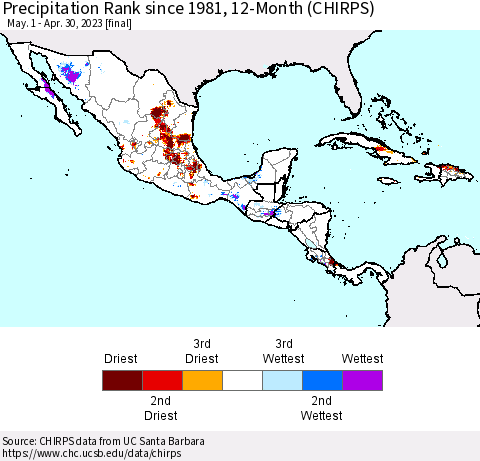 Mexico Central America and the Caribbean Precipitation Rank since 1981, 12-Month (CHIRPS) Thematic Map For 5/1/2022 - 4/30/2023