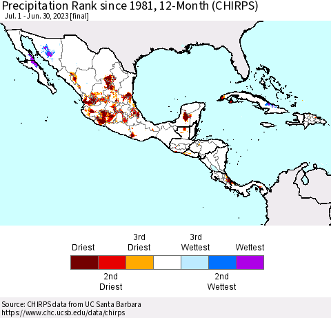 Mexico Central America and the Caribbean Precipitation Rank since 1981, 12-Month (CHIRPS) Thematic Map For 7/1/2022 - 6/30/2023
