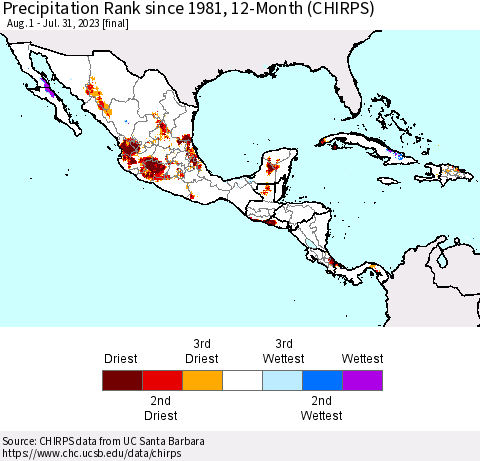Mexico Central America and the Caribbean Precipitation Rank since 1981, 12-Month (CHIRPS) Thematic Map For 8/1/2022 - 7/31/2023