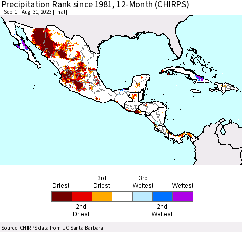Mexico Central America and the Caribbean Precipitation Rank since 1981, 12-Month (CHIRPS) Thematic Map For 9/1/2022 - 8/31/2023