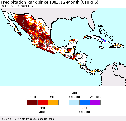 Mexico Central America and the Caribbean Precipitation Rank since 1981, 12-Month (CHIRPS) Thematic Map For 10/1/2022 - 9/30/2023
