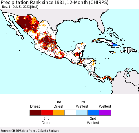 Mexico Central America and the Caribbean Precipitation Rank since 1981, 12-Month (CHIRPS) Thematic Map For 11/1/2022 - 10/31/2023
