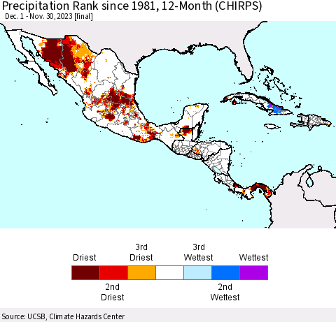 Mexico Central America and the Caribbean Precipitation Rank since 1981, 12-Month (CHIRPS) Thematic Map For 12/1/2022 - 11/30/2023