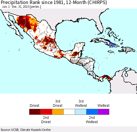 Mexico Central America and the Caribbean Precipitation Rank since 1981, 12-Month (CHIRPS) Thematic Map For 1/1/2023 - 12/31/2023