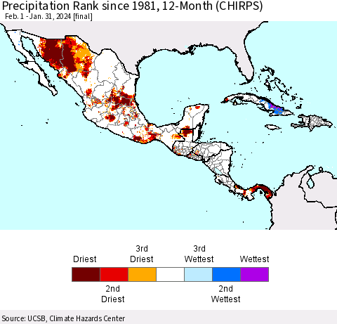 Mexico Central America and the Caribbean Precipitation Rank since 1981, 12-Month (CHIRPS) Thematic Map For 2/1/2023 - 1/31/2024