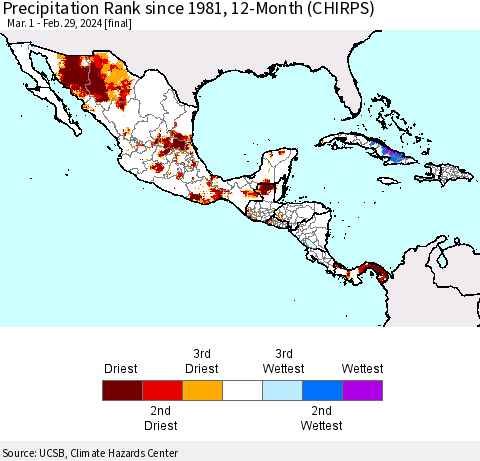 Mexico Central America and the Caribbean Precipitation Rank since 1981, 12-Month (CHIRPS) Thematic Map For 3/1/2023 - 2/29/2024