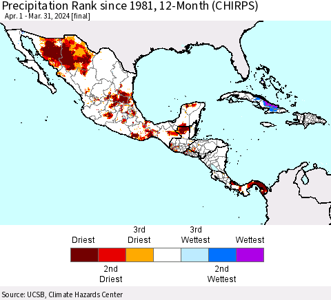 Mexico Central America and the Caribbean Precipitation Rank since 1981, 12-Month (CHIRPS) Thematic Map For 4/1/2023 - 3/31/2024