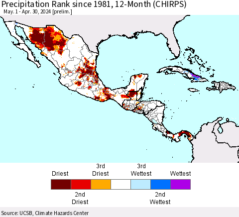 Mexico Central America and the Caribbean Precipitation Rank since 1981, 12-Month (CHIRPS) Thematic Map For 5/1/2023 - 4/30/2024