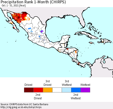 Mexico Central America and the Caribbean Precipitation Rank since 1981, 1-Month (CHIRPS) Thematic Map For 10/1/2021 - 10/31/2021