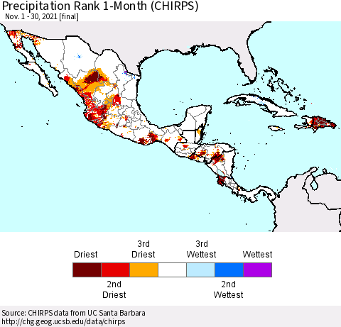 Mexico Central America and the Caribbean Precipitation Rank since 1981, 1-Month (CHIRPS) Thematic Map For 11/1/2021 - 11/30/2021
