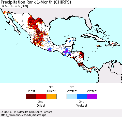 Mexico Central America and the Caribbean Precipitation Rank since 1981, 1-Month (CHIRPS) Thematic Map For 1/1/2022 - 1/31/2022