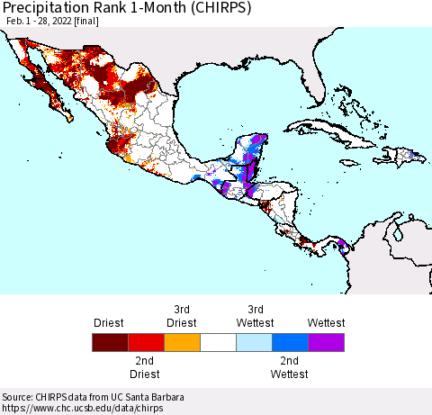 Mexico Central America and the Caribbean Precipitation Rank since 1981, 1-Month (CHIRPS) Thematic Map For 2/1/2022 - 2/28/2022