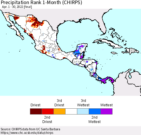 Mexico Central America and the Caribbean Precipitation Rank since 1981, 1-Month (CHIRPS) Thematic Map For 4/1/2022 - 4/30/2022