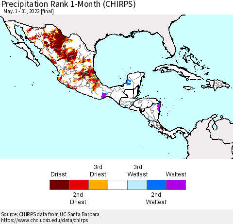 Mexico Central America and the Caribbean Precipitation Rank since 1981, 1-Month (CHIRPS) Thematic Map For 5/1/2022 - 5/31/2022