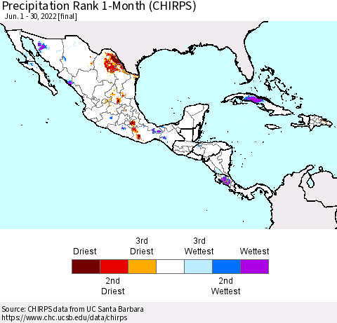 Mexico Central America and the Caribbean Precipitation Rank since 1981, 1-Month (CHIRPS) Thematic Map For 6/1/2022 - 6/30/2022