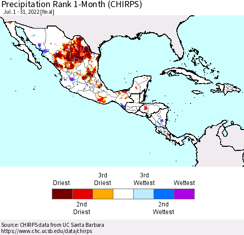 Mexico Central America and the Caribbean Precipitation Rank since 1981, 1-Month (CHIRPS) Thematic Map For 7/1/2022 - 7/31/2022