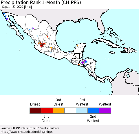 Mexico Central America and the Caribbean Precipitation Rank since 1981, 1-Month (CHIRPS) Thematic Map For 9/1/2022 - 9/30/2022