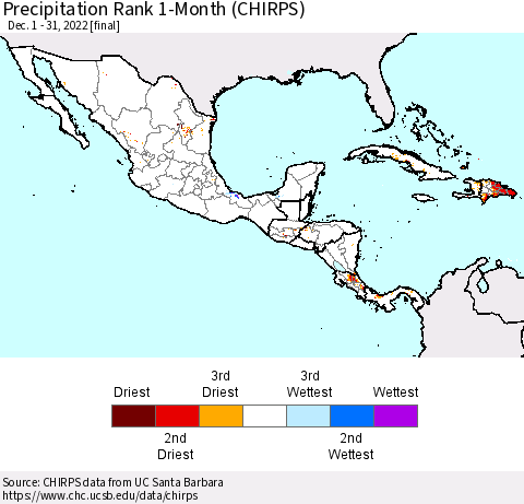 Mexico Central America and the Caribbean Precipitation Rank since 1981, 1-Month (CHIRPS) Thematic Map For 12/1/2022 - 12/31/2022