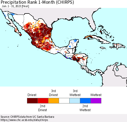 Mexico Central America and the Caribbean Precipitation Rank since 1981, 1-Month (CHIRPS) Thematic Map For 1/1/2023 - 1/31/2023
