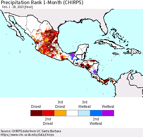 Mexico Central America and the Caribbean Precipitation Rank since 1981, 1-Month (CHIRPS) Thematic Map For 2/1/2023 - 2/28/2023