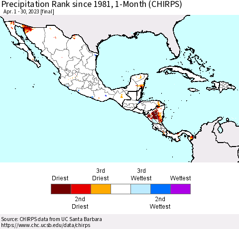 Mexico Central America and the Caribbean Precipitation Rank since 1981, 1-Month (CHIRPS) Thematic Map For 4/1/2023 - 4/30/2023
