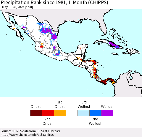 Mexico Central America and the Caribbean Precipitation Rank since 1981, 1-Month (CHIRPS) Thematic Map For 5/1/2023 - 5/31/2023