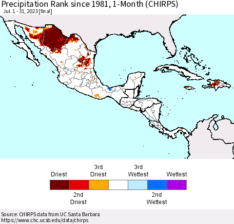 Mexico Central America and the Caribbean Precipitation Rank since 1981, 1-Month (CHIRPS) Thematic Map For 7/1/2023 - 7/31/2023