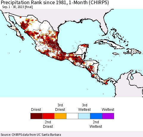 Mexico Central America and the Caribbean Precipitation Rank since 1981, 1-Month (CHIRPS) Thematic Map For 9/1/2023 - 9/30/2023