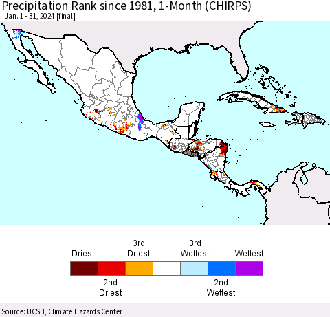 Mexico Central America and the Caribbean Precipitation Rank since 1981, 1-Month (CHIRPS) Thematic Map For 1/1/2024 - 1/31/2024