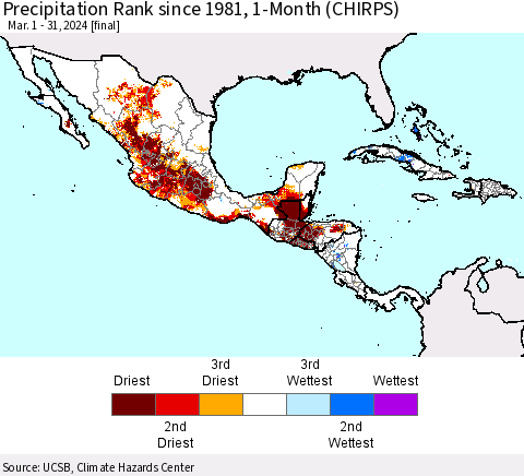 Mexico Central America and the Caribbean Precipitation Rank since 1981, 1-Month (CHIRPS) Thematic Map For 3/1/2024 - 3/31/2024