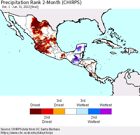 Mexico Central America and the Caribbean Precipitation Rank since 1981, 2-Month (CHIRPS) Thematic Map For 12/1/2021 - 1/31/2022