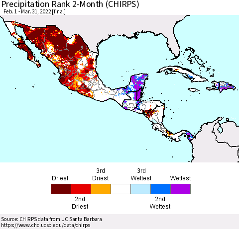 Mexico Central America and the Caribbean Precipitation Rank since 1981, 2-Month (CHIRPS) Thematic Map For 2/1/2022 - 3/31/2022