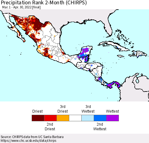 Mexico Central America and the Caribbean Precipitation Rank since 1981, 2-Month (CHIRPS) Thematic Map For 3/1/2022 - 4/30/2022