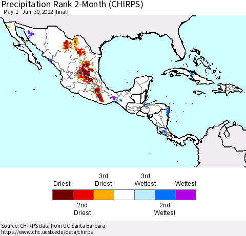 Mexico Central America and the Caribbean Precipitation Rank since 1981, 2-Month (CHIRPS) Thematic Map For 5/1/2022 - 6/30/2022