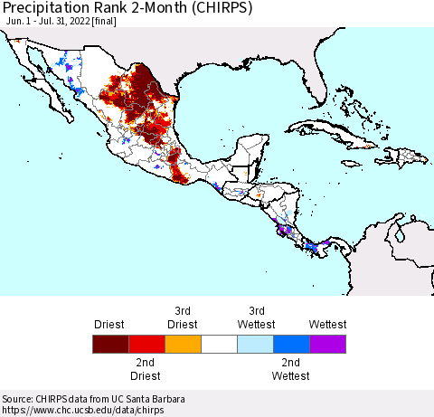 Mexico Central America and the Caribbean Precipitation Rank since 1981, 2-Month (CHIRPS) Thematic Map For 6/1/2022 - 7/31/2022